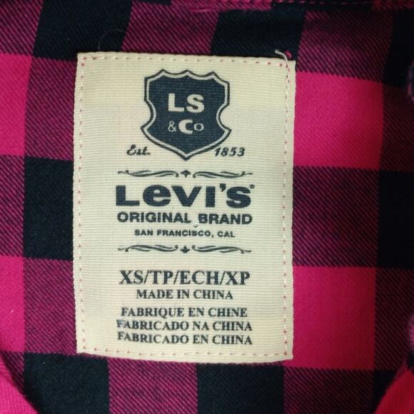 LEVI'S Womens XS Pink Black Cotton Button-Down Top Ruffled Checkered Long Sleeve - Picture 4 of 5